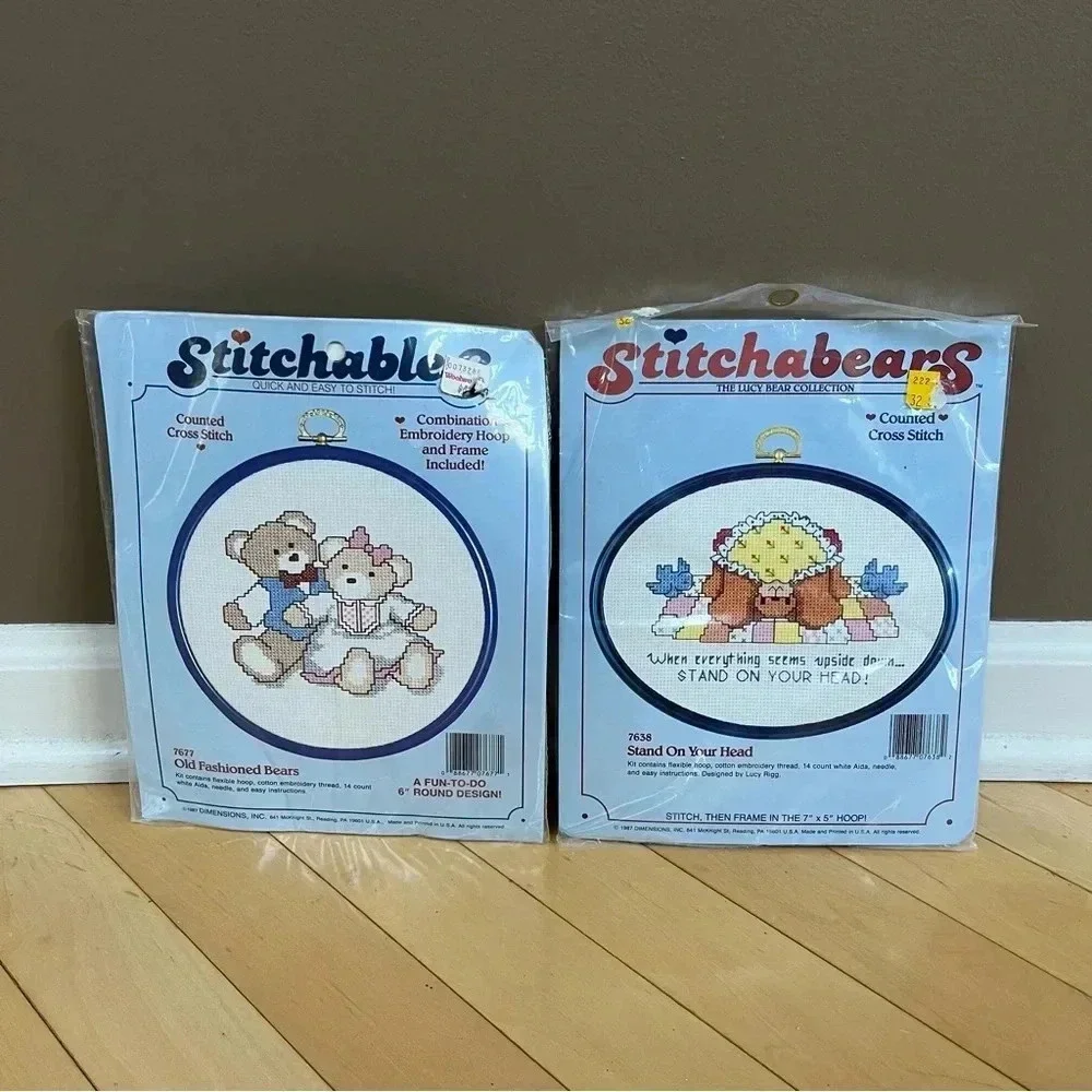 VTG 80’s Stitchables 2 Cross Stitch Kits Old Fashioned Teddy Bears Needlework